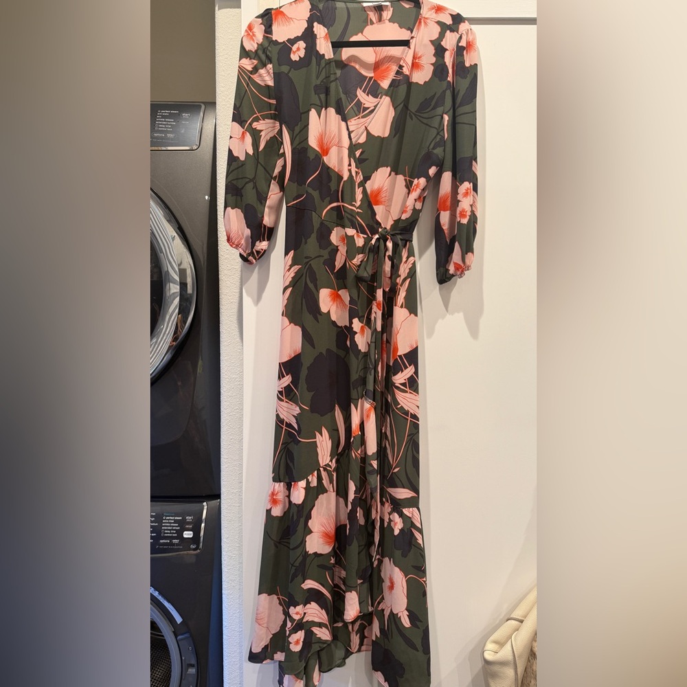 Bar III olive Green Floral print Wrap Dress medium